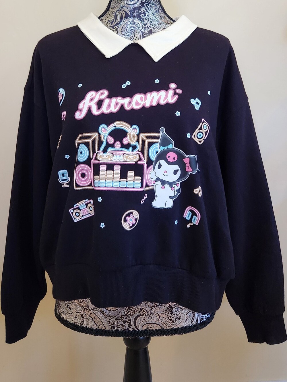 Sanrio Kuromi Neon DJ Collared Crewneck Sweatshirt Black Womens Size Large LG